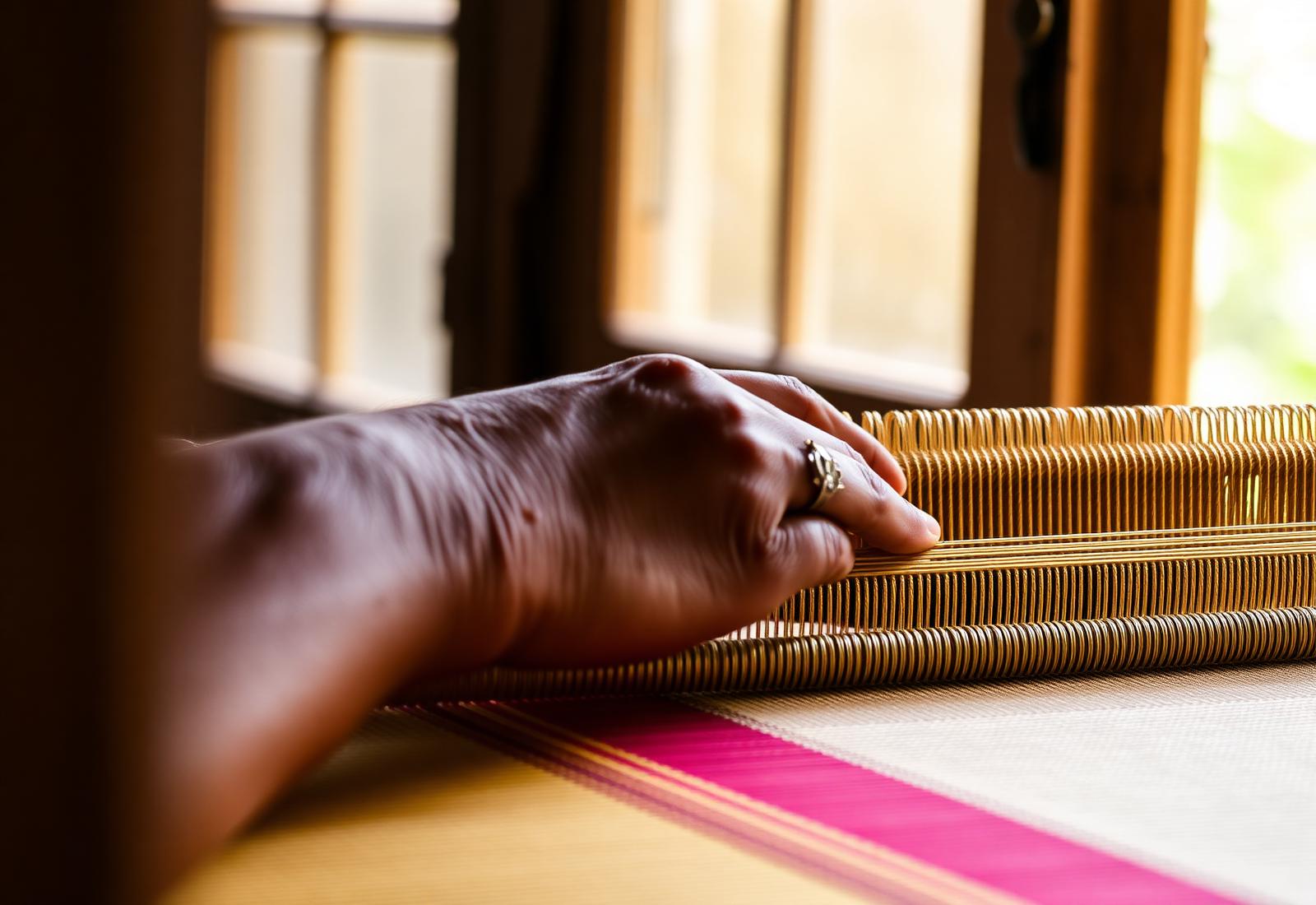 Artisan weaving on heritage loom